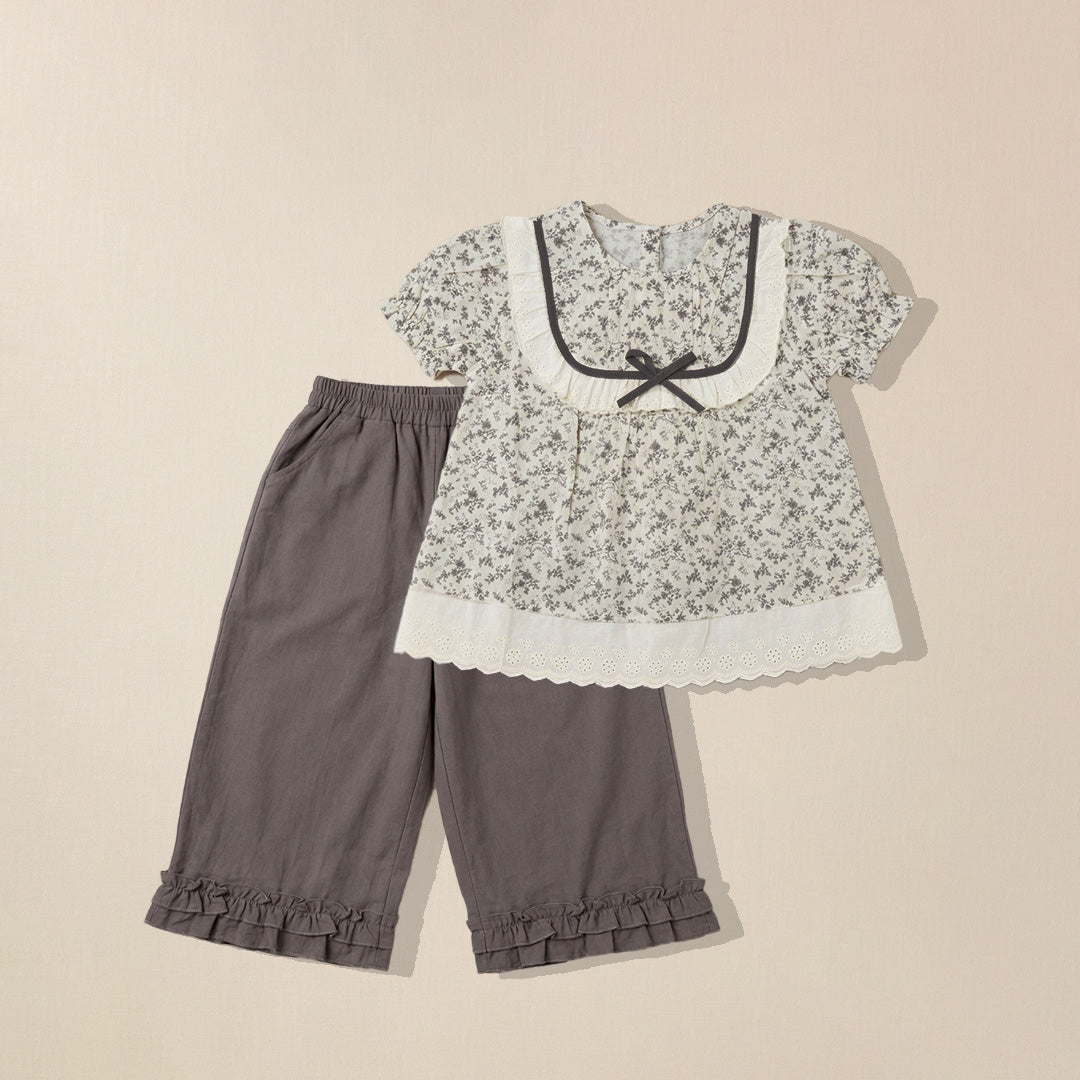 Grey floral print top with bow detail and ruffled pants set for girls