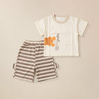 Cream koala print t-shirt with brown striped shorts set for boys