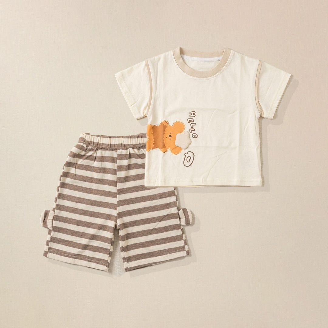 Cream koala print t-shirt with brown striped shorts set for boys