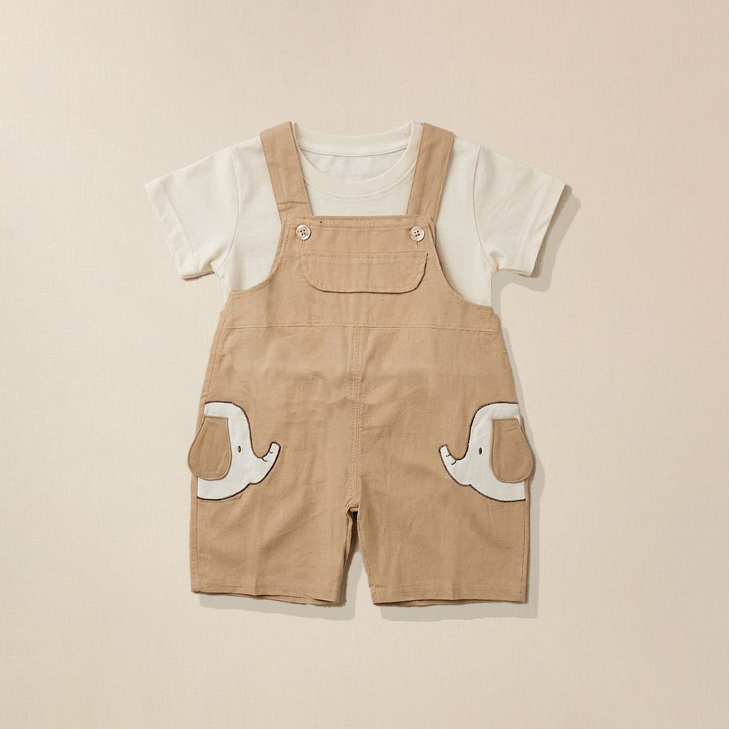 Beige dungaree shorts with elephant interactive design and white t-shirt set for boys