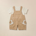 Beige dungaree shorts with elephant interactive design and white t-shirt set for boys