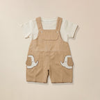 Beige dungaree shorts with elephant interactive design and white t-shirt set for boys