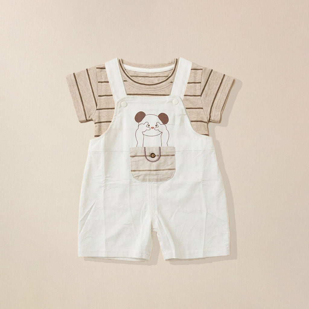 Children's outfit with white dungaree shorts featuring a cartoon dog design paired with strip t-shirt.