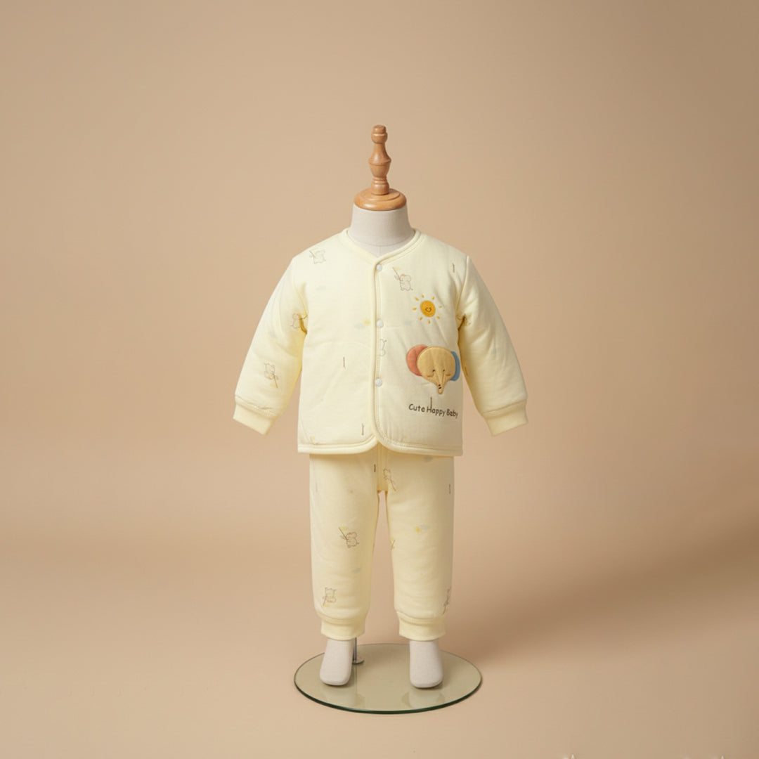 Sunny yellow quilted baby jacket and pants set on mannequin display
