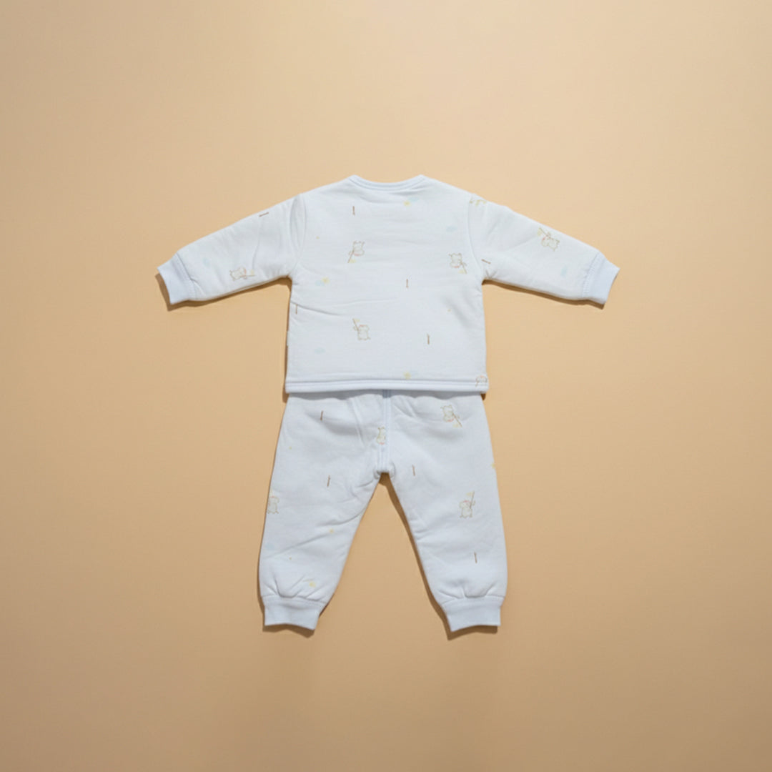 Back view of sky blue quilted baby jacket and pants set