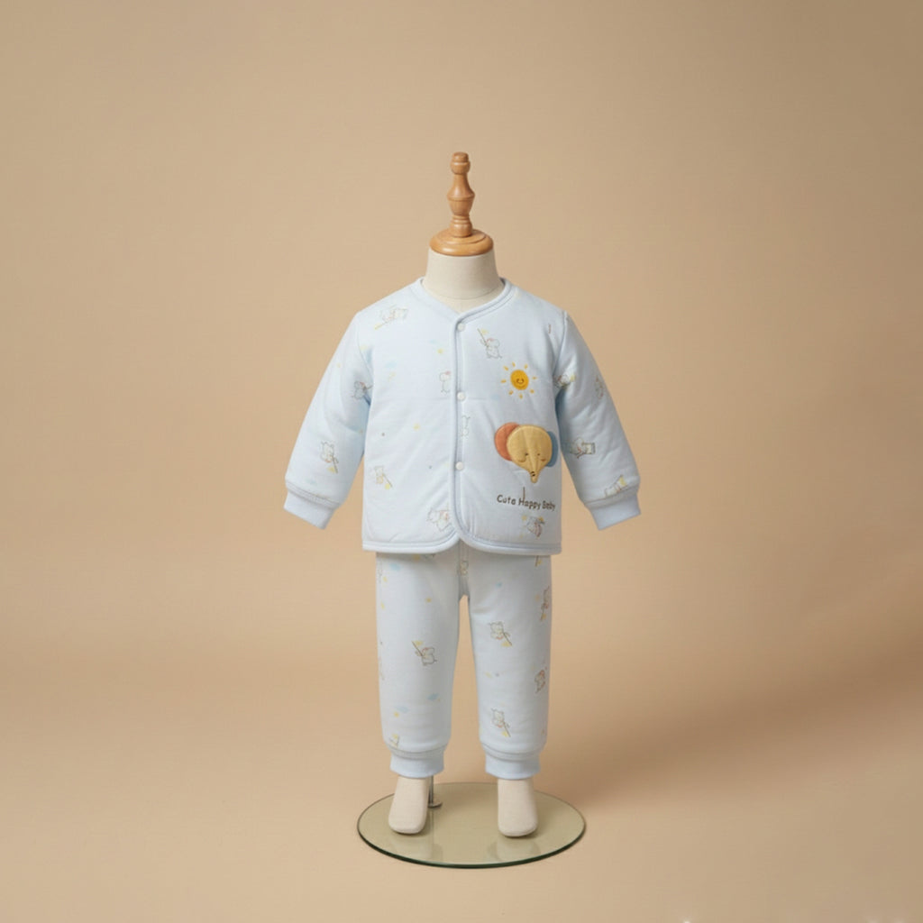 Sky blue quilted baby jacket and pants set on mannequin display