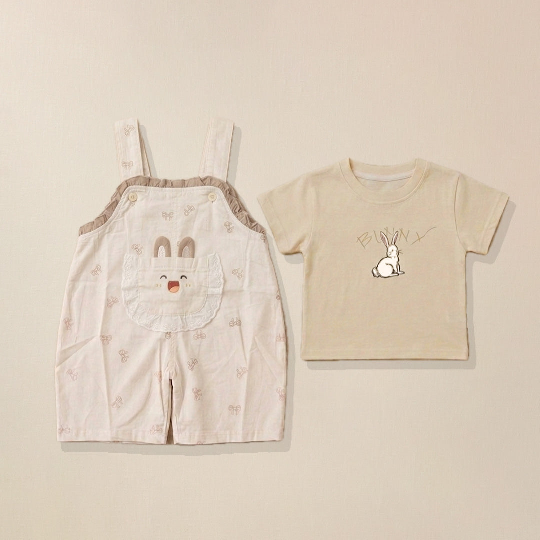 Beige dungaree with bunny ear pocket and cream bunny print t-shirt