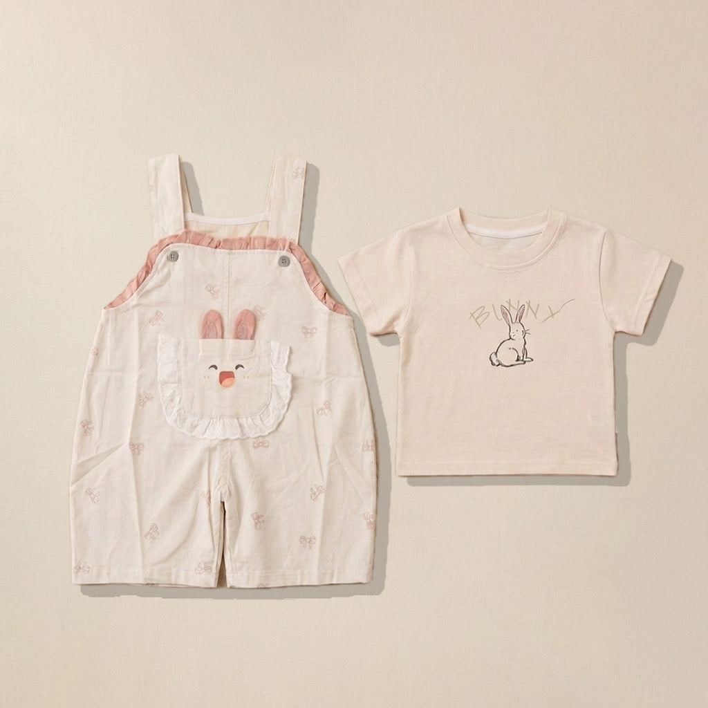 Pink dungaree with bunny ear pocket and cream bunny print t-shirt