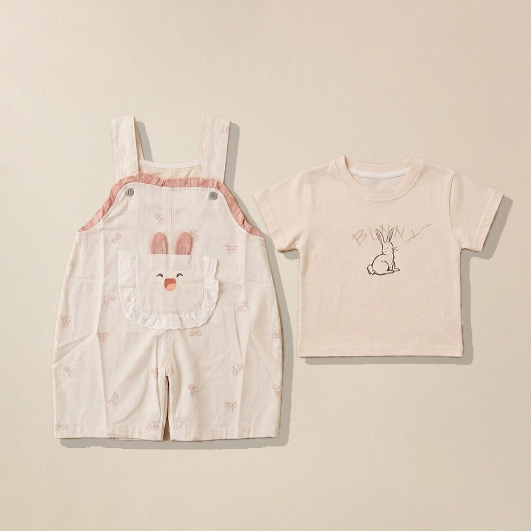 Pink dungaree with bunny ear pocket and cream bunny print t-shirt