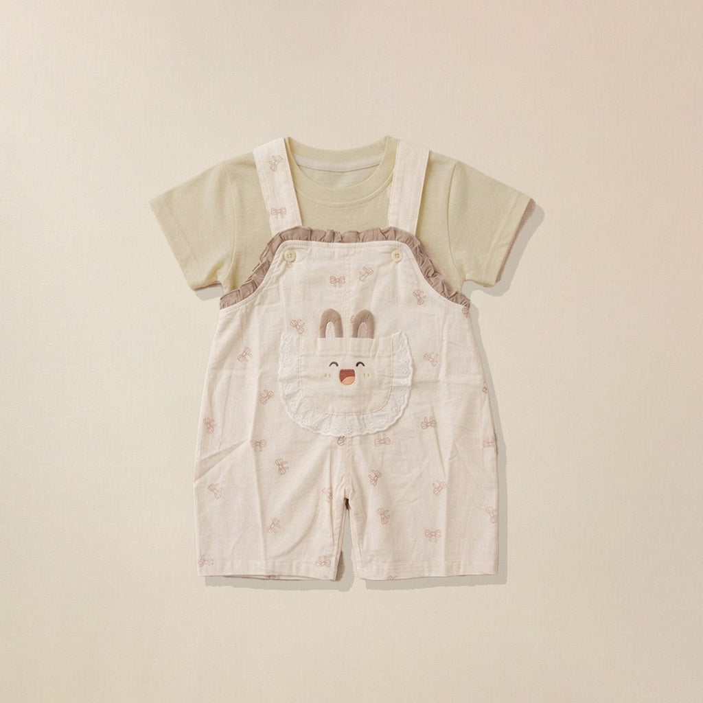 Beige bunny pocket dungaree shorts and cream t-shirt set for kids