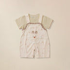 Beige bunny pocket dungaree shorts and cream t-shirt set for kids